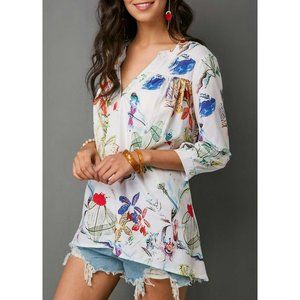 White Floral summer blouse, 100% Polyester size large